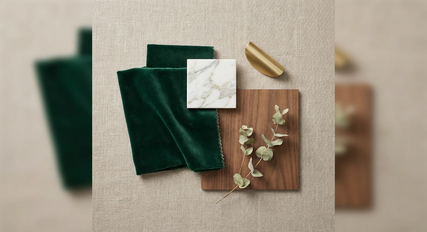 Material Study · Oak, stone, and brass moodboard rendered