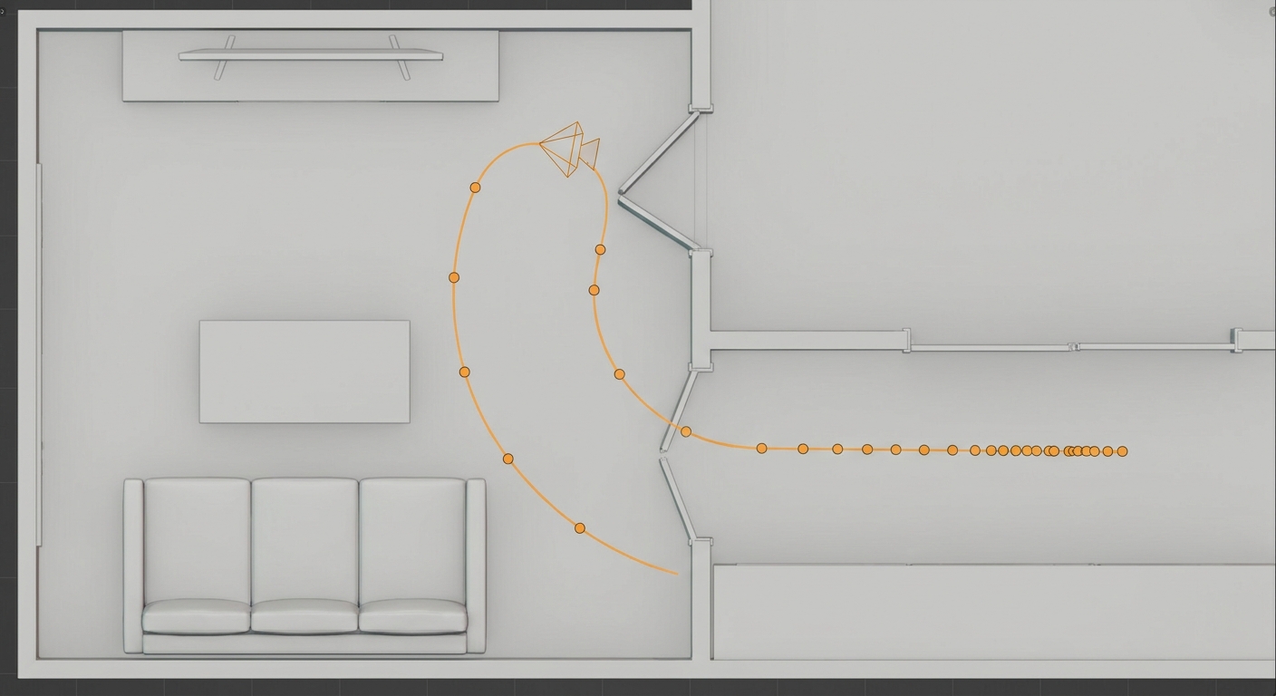 3D viewport of an interior model in plan view with an animation camera path drawn through it — a curved spline overshooting the corner at the doorway, with keyframe markers spaced widely on the turn and clustered along the straight run