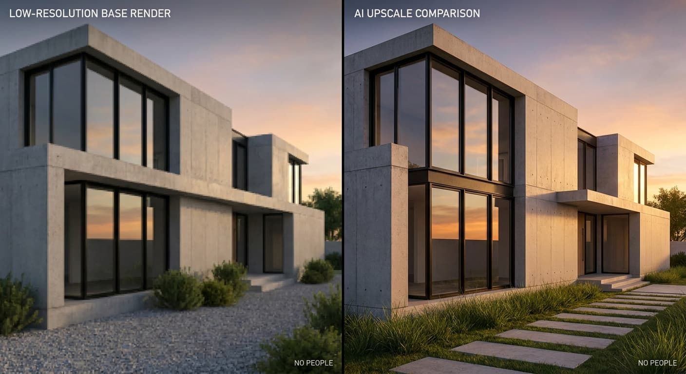 Modern house exterior render showing why clean geometry works well for AI upscaling from a lower base resolution