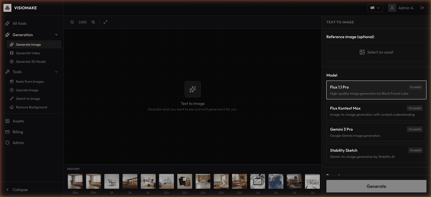 Visiomake Text to Image interface with Flux, Gemini, and Stability models