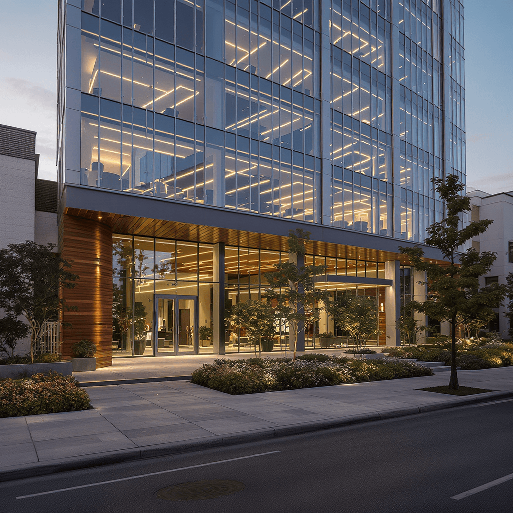 Contemporary mixed-use building exterior render used for architecture firm video content marketing