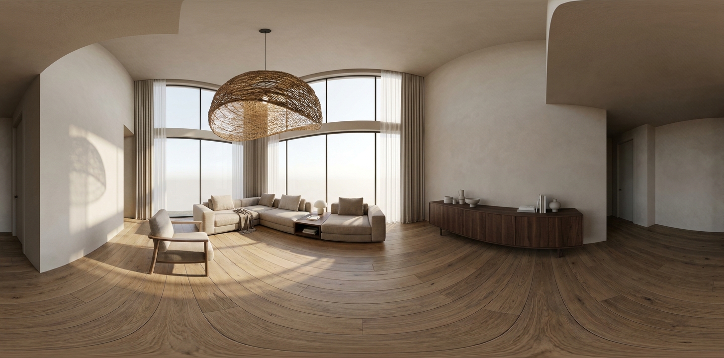 Photorealistic living room render illustrating a single tour scene, with a sculptural pendant light over the seating area and a walnut console table against the far wall