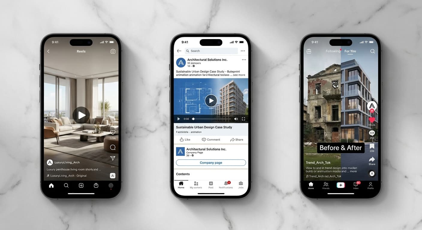 Three mobile screens showing architecture content adapted for Instagram Reels, LinkedIn video, and TikTok transformation posts