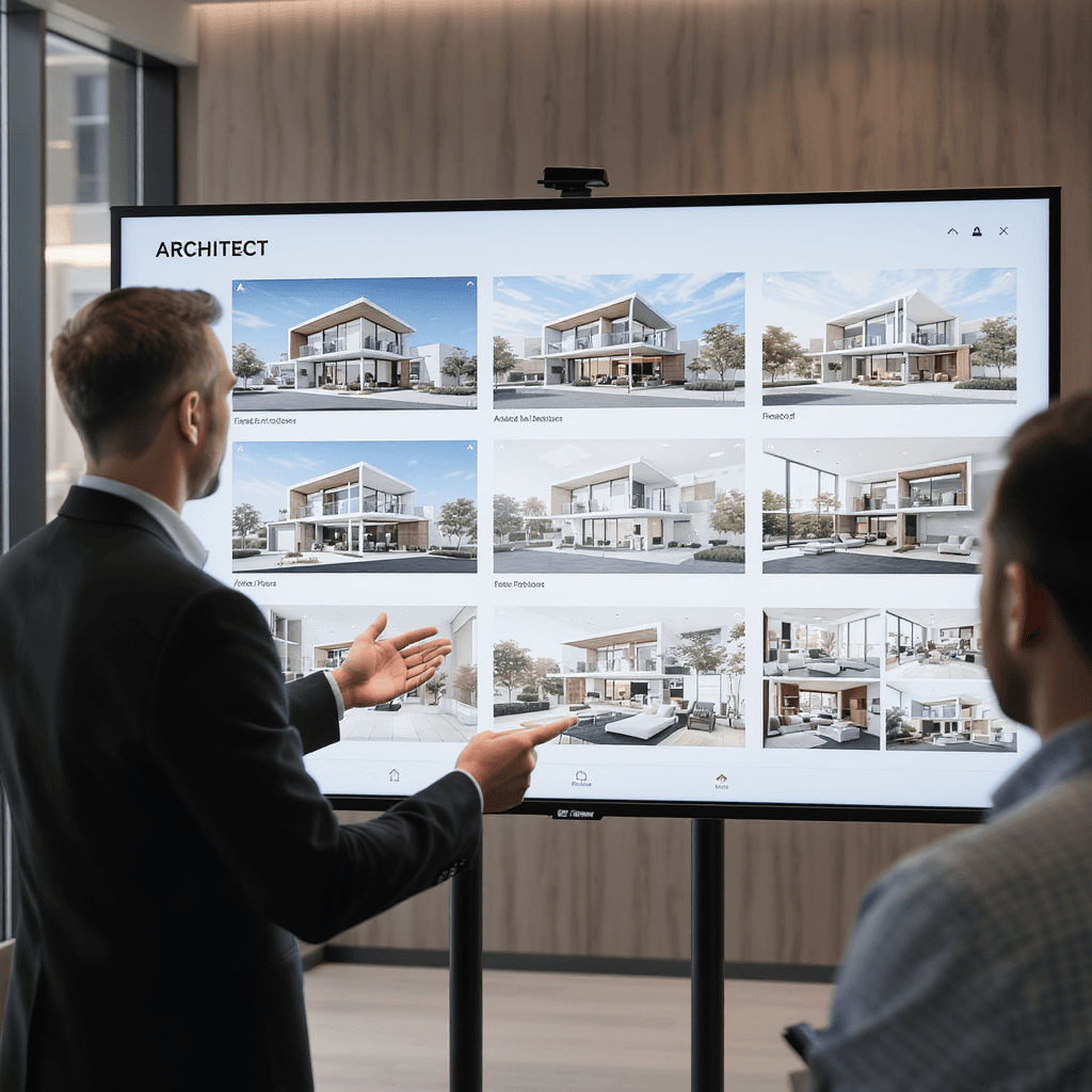 Architect presenting AI-generated exterior renders interior mood boards and animation options to clients
