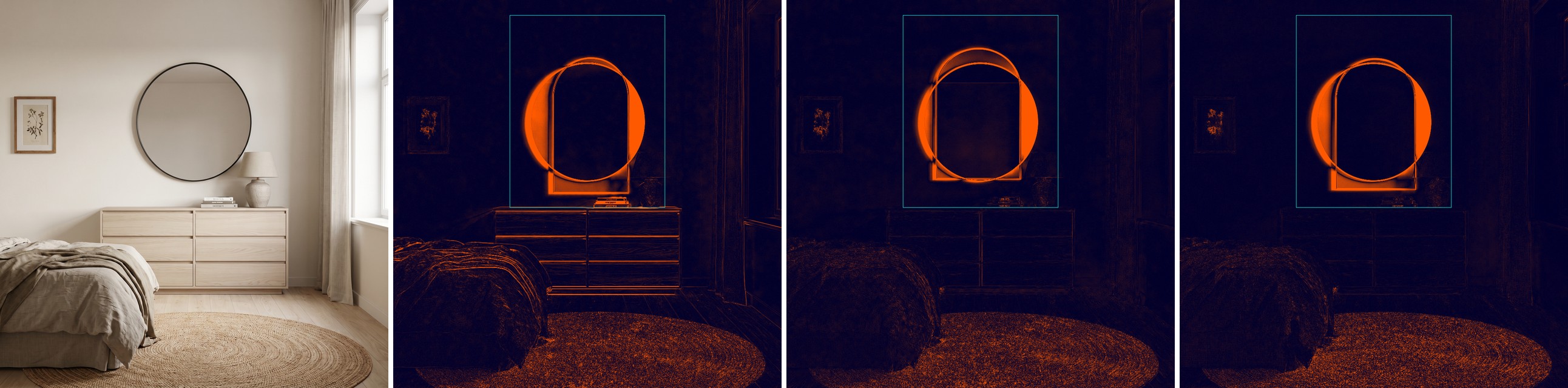 Bedroom render followed by three difference heatmaps showing which pixels GPT Image 2, GPT Image 2.5 and Nano Banana Pro changed when replacing the mirror