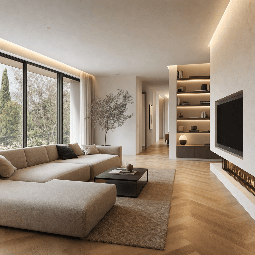 Contemporary living room architectural visualisation created with GPT-Images-2 showing realistic materials and controlled lighting
