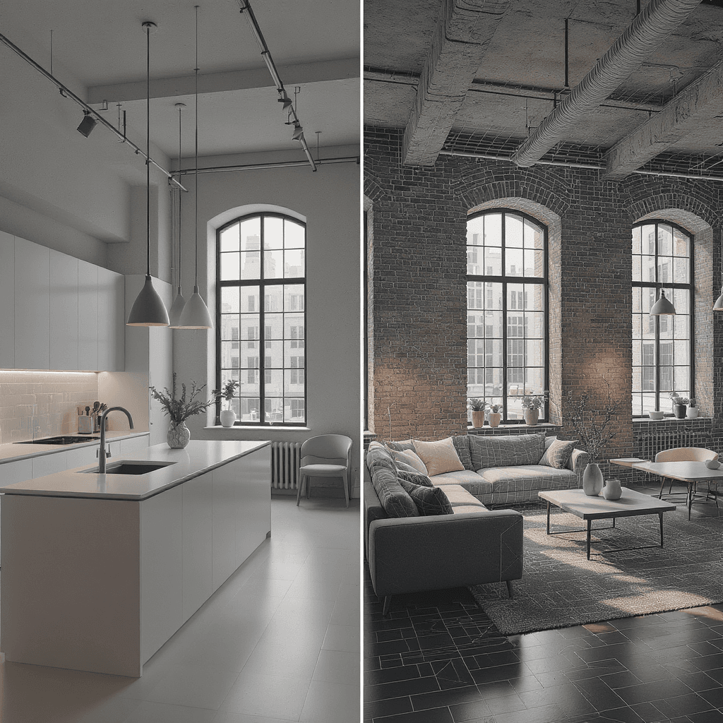 Side-by-side 3D model comparison of AI image-to-3D and photogrammetry for a renovated loft apartment