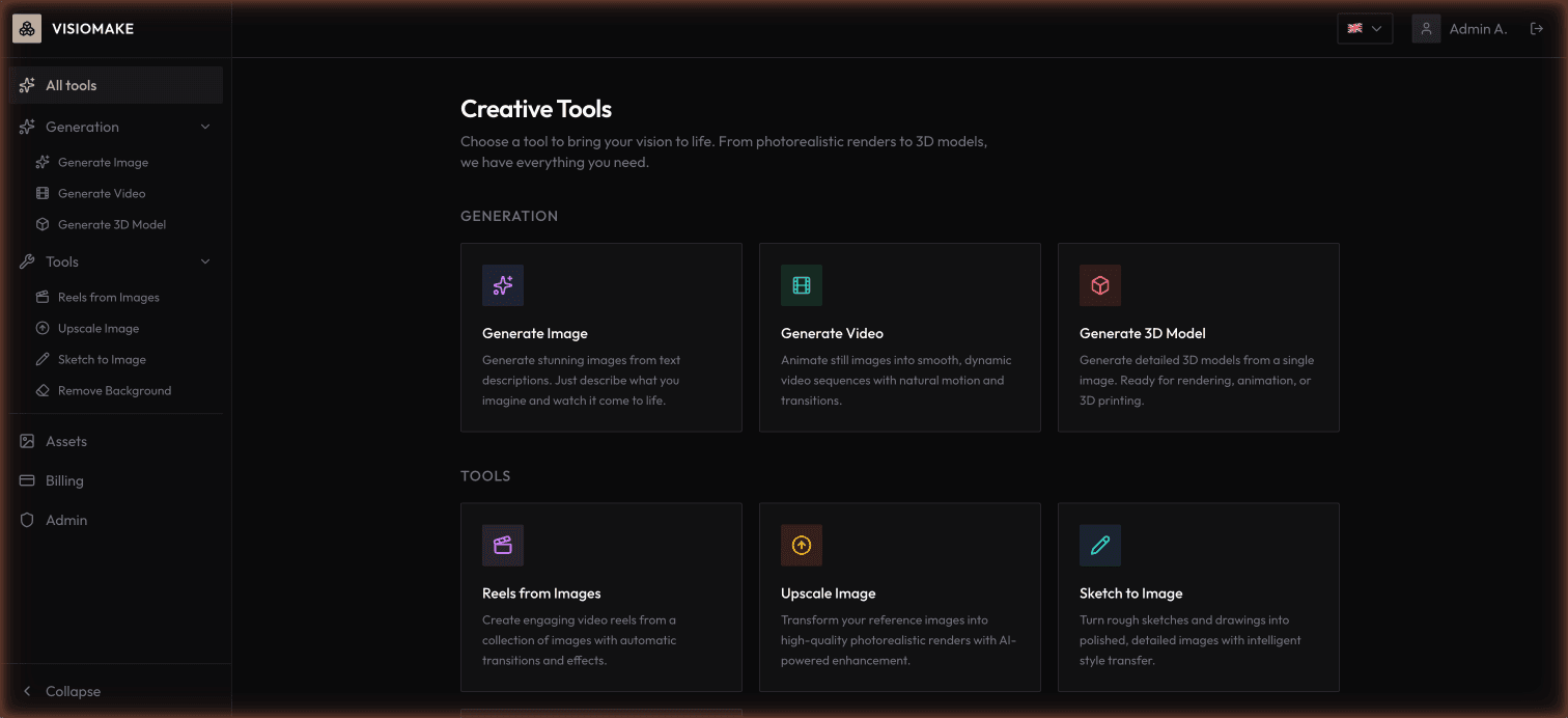 Visiomake Creative Tools dashboard showing Generation and Tools sections
