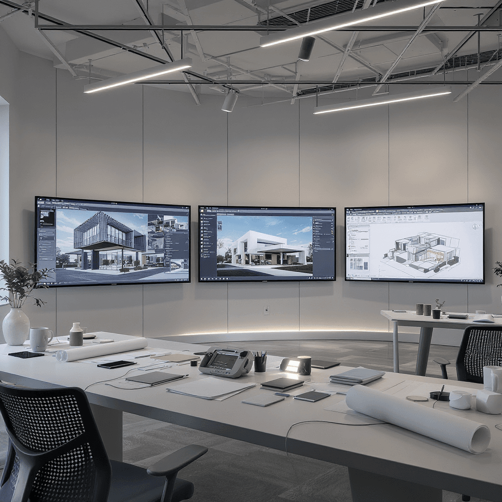 Architects comparing AI rendering tools on multiple studio screens with architectural renders and BIM overlays