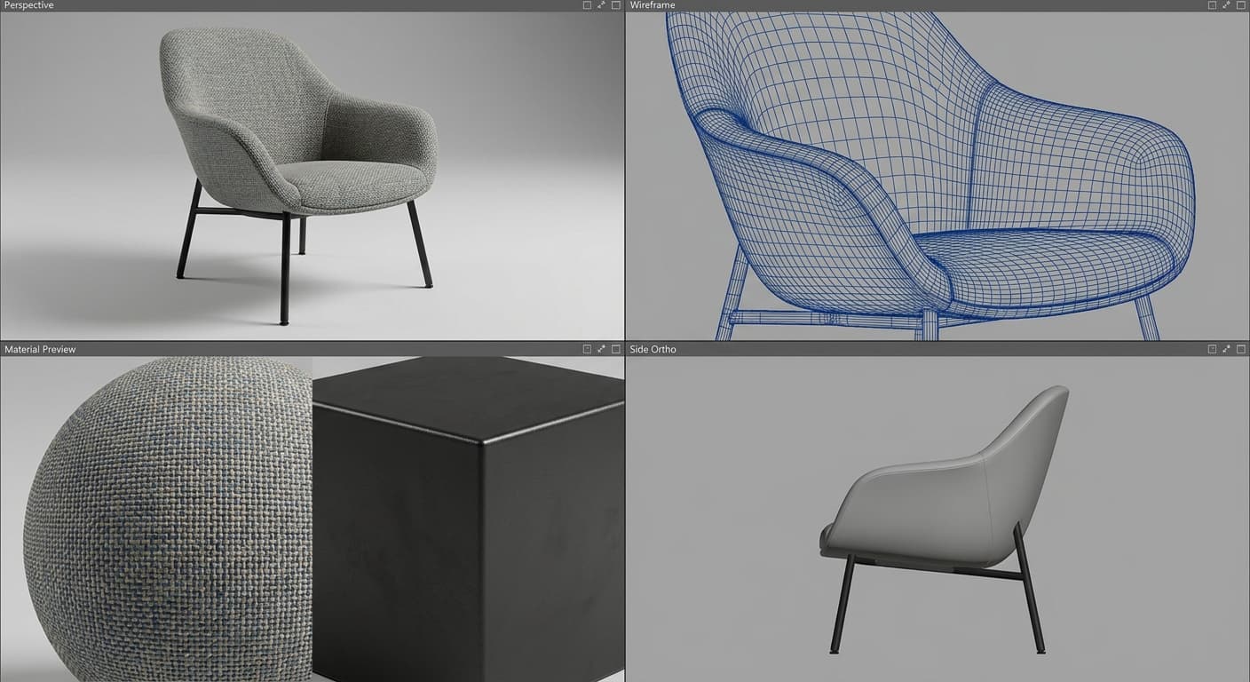 3D model of a contemporary lounge chair showing wireframe topology and textured preview for archviz asset evaluation