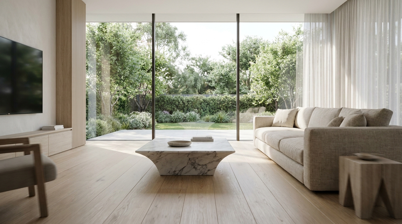 Un render fotorrealista de un salón moderno con un sutil desenfoque de movimiento de travelling hacia delante, que ilustra la conversión de imagen a vídeo con IA para arquitectura