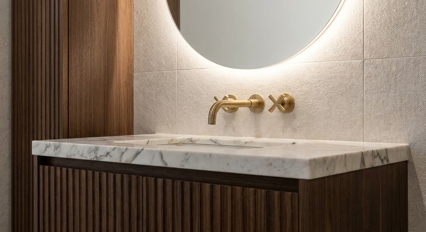 Luxury bathroom vanity detail render suitable for a subtle AI micro-pan architectural video shot