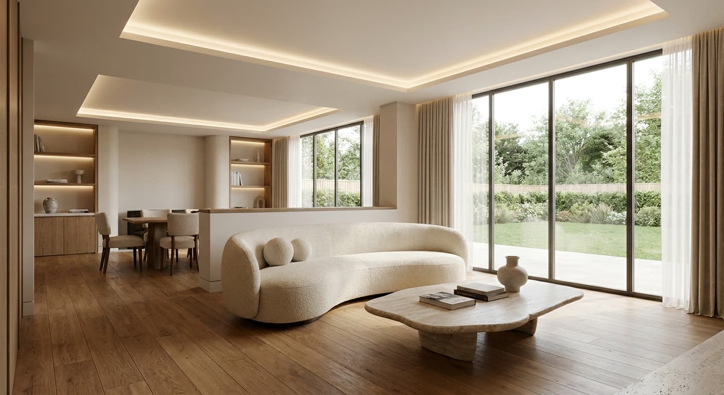 Contemporary living room render with strong spatial depth for an AI architecture walkthrough video