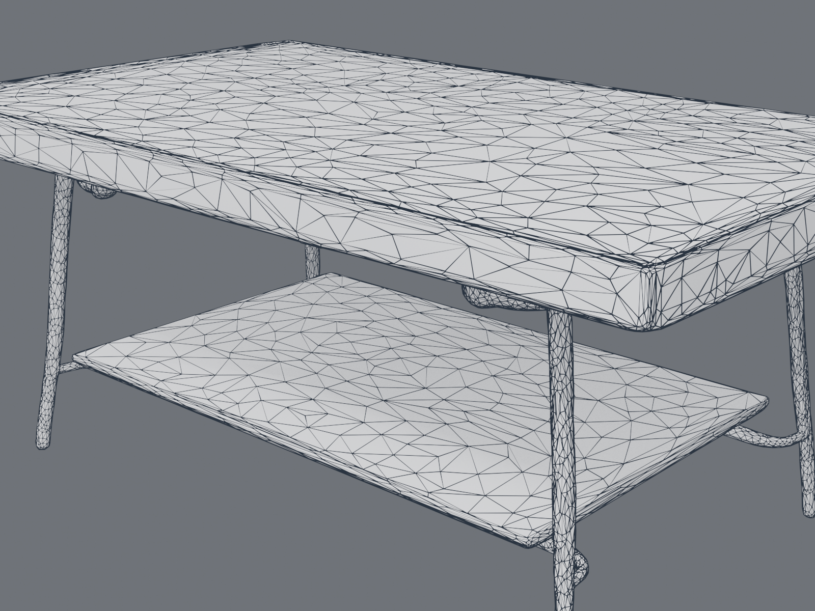 A Trellis-generated coffee table in a Blender viewport with a wireframe overlay, showing dense irregular triangles across the flat tabletop and very fine tessellation on the thin legs