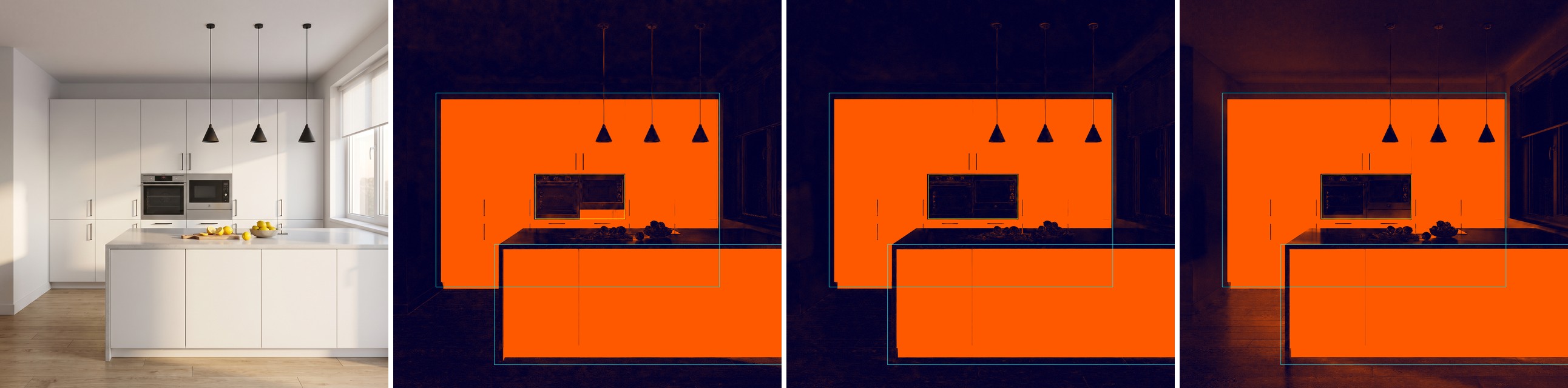 Kitchen render followed by three difference heatmaps showing which pixels GPT Image 2, GPT Image 2.5 and Nano Banana Pro changed when the cabinets were switched to walnut