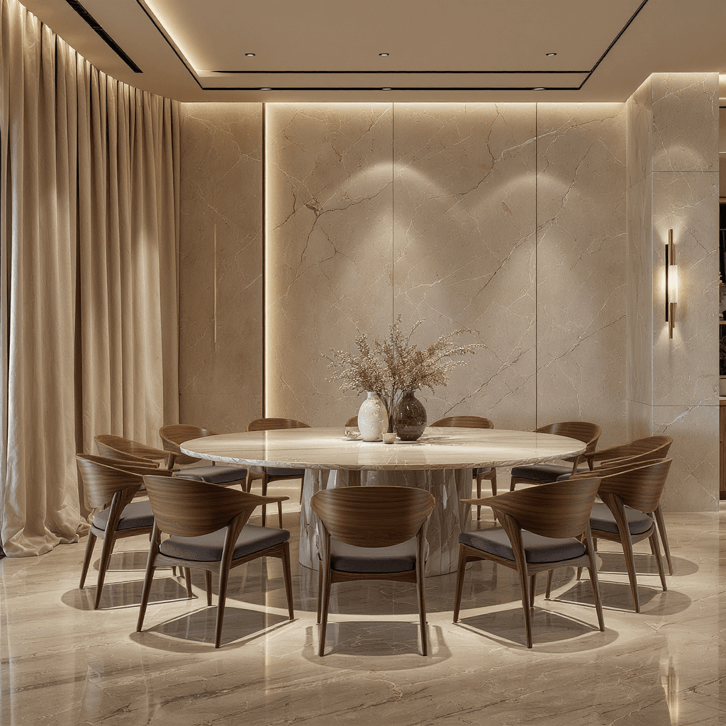 High-end dining room render with custom walnut dining chair 3D models integrated around a travertine table