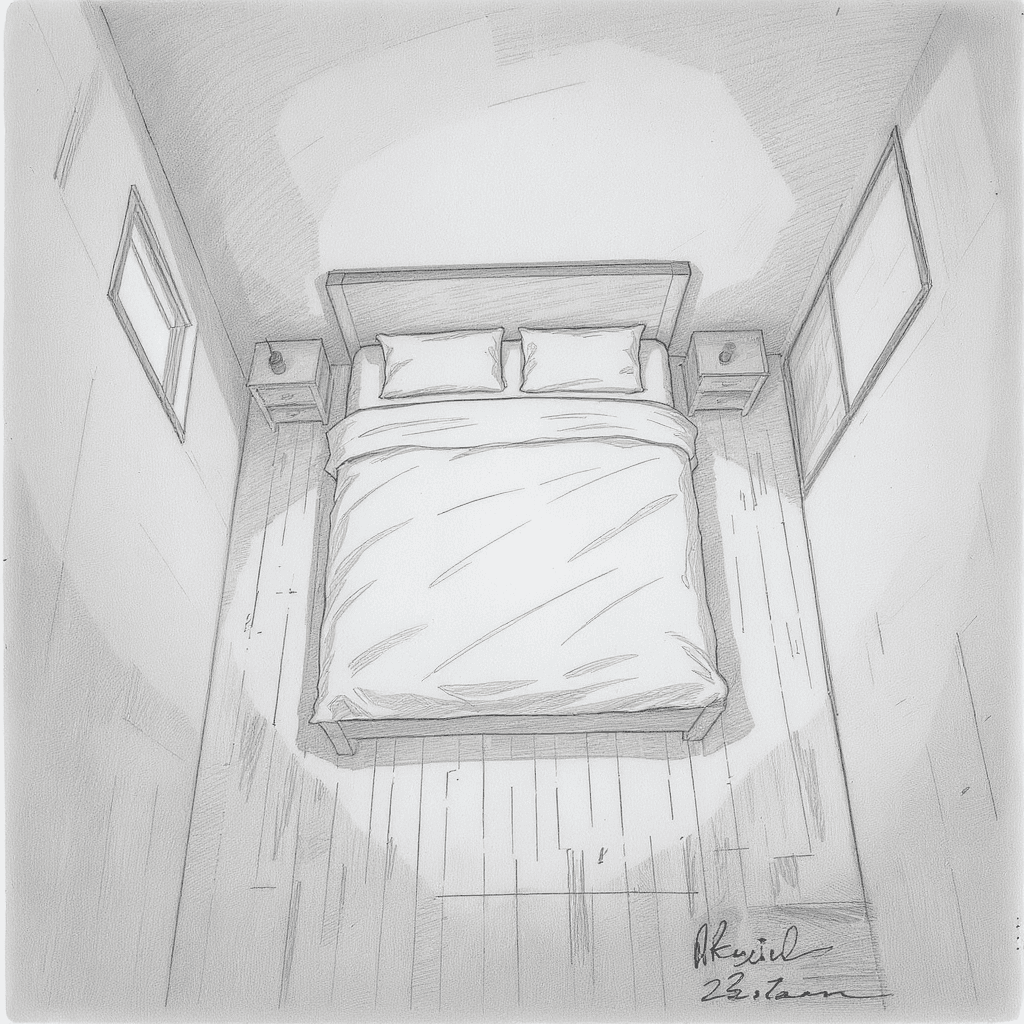 Handdrawn sketch with bed, from ceiling angle