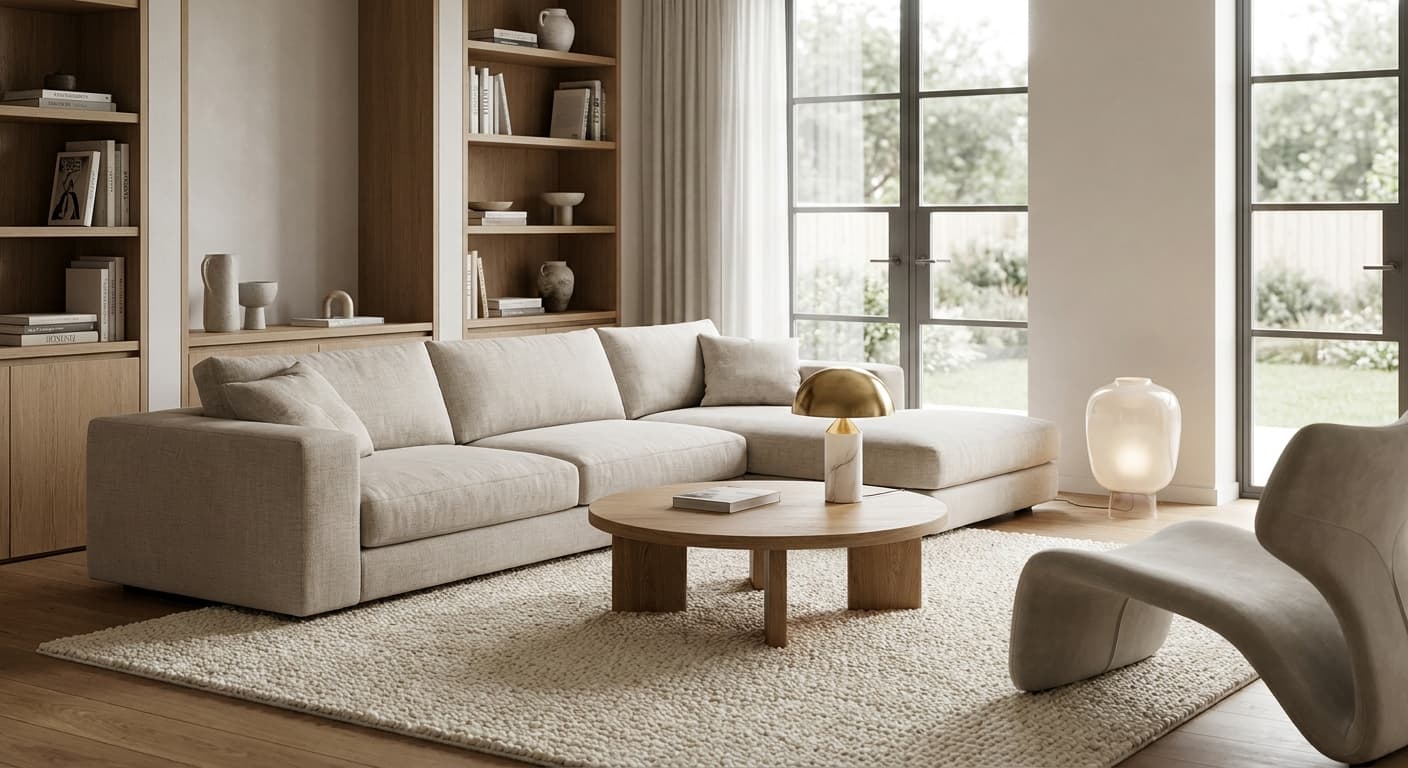 Contemporary living room render showing AI-generated furniture and decor integrated into a polished archviz scene