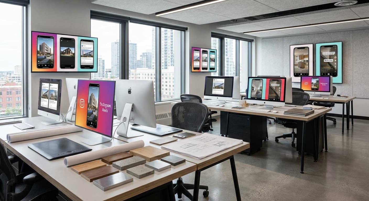 Architecture studio using AI tools to create Instagram Reels, LinkedIn videos, and TikTok content from renders