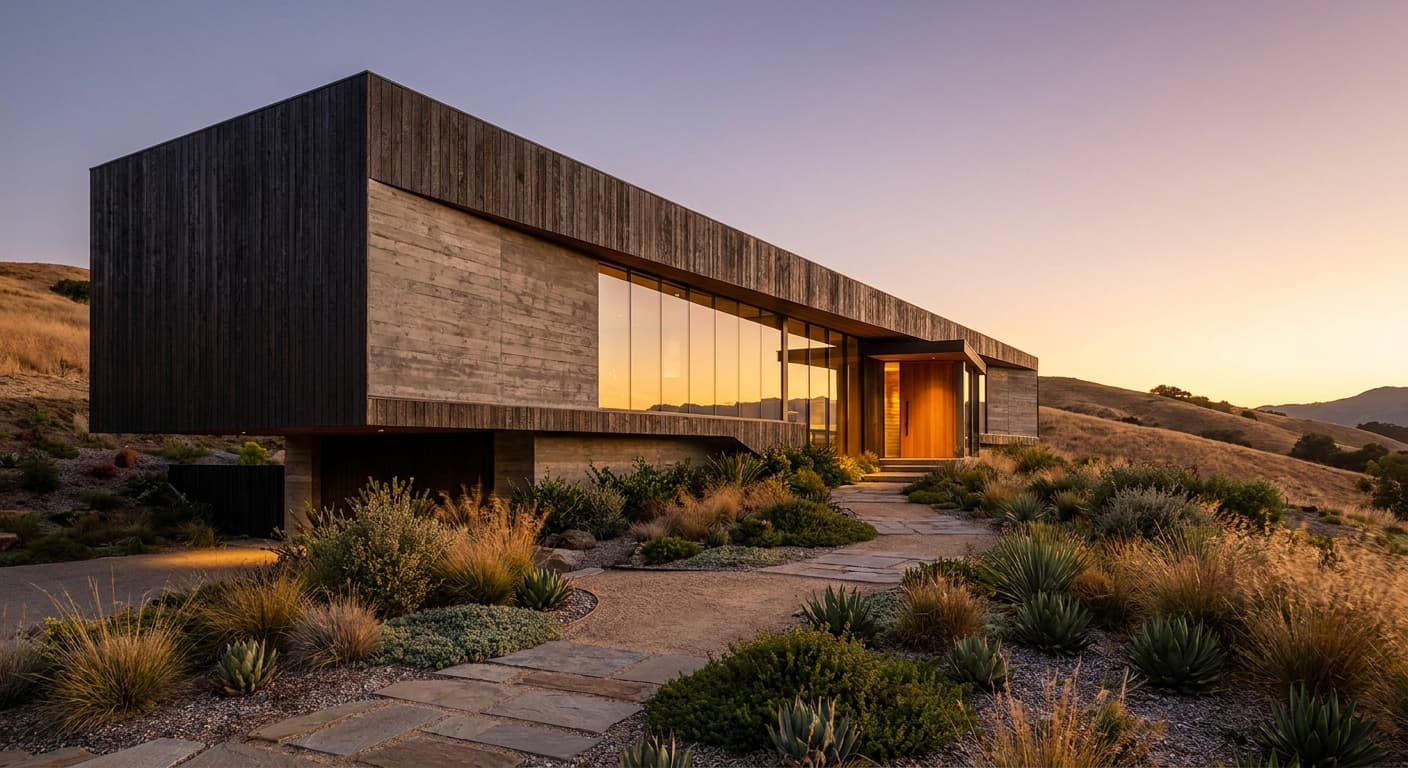 Contemporary hillside residence exterior render suited to a subtle AI push-in walkthrough shot
